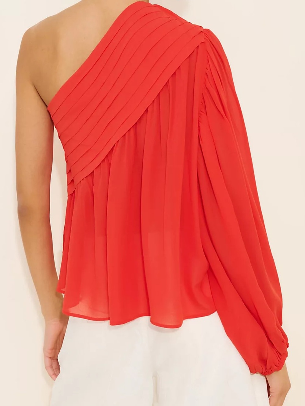 FARM Rio Rose One Shoulder Rosette Pleated Chiffon Blouse Coral Red Size M - Picture 5 of 15